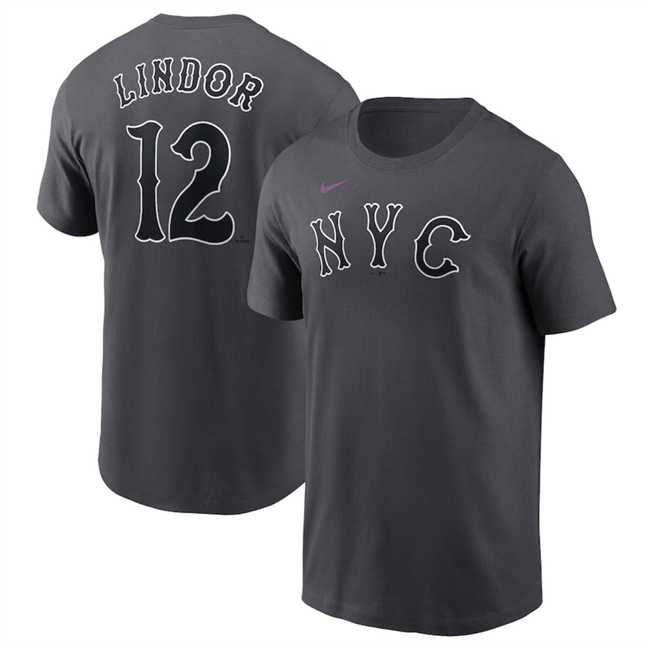 Men's New York Mets #12 Francisco Lindor Graphite 2024 City Connect Fuse Name & Number T-Shirt,We sell and wholesale Men's New York Mets #12 Francisco Lindor Graphite 2024 City Connect Fuse Name & Number T-Shirt on line form chian!